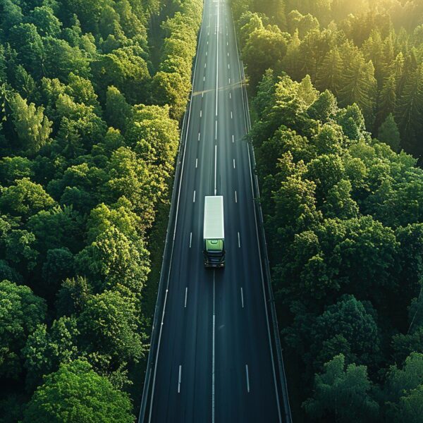 Aerial top view of car and truck driving on highway road in green forest. Sustainable transport. Drone view of hydrogen energy truck and electric vehicle driving on asphalt road through green forest